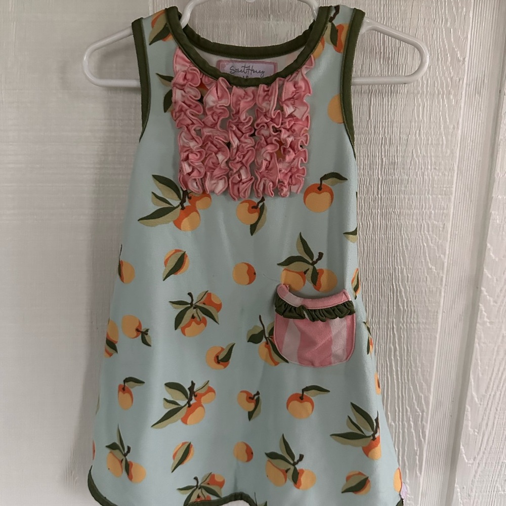 Sweethoney Peach Print Sleeveless Dress with Pink Ruffle